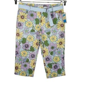 Covington Capri Pants Belted Women Size 16 Blue Multicolor Floral Pockets NEW